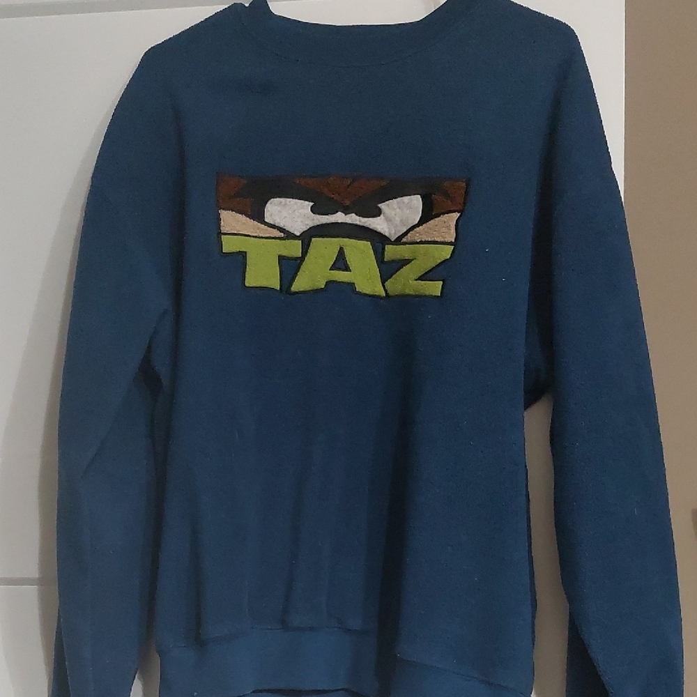 Looney Tunes Vintage Warner Bros Taz Tasmanian Devil Blue Fleece Crewneck Sweat